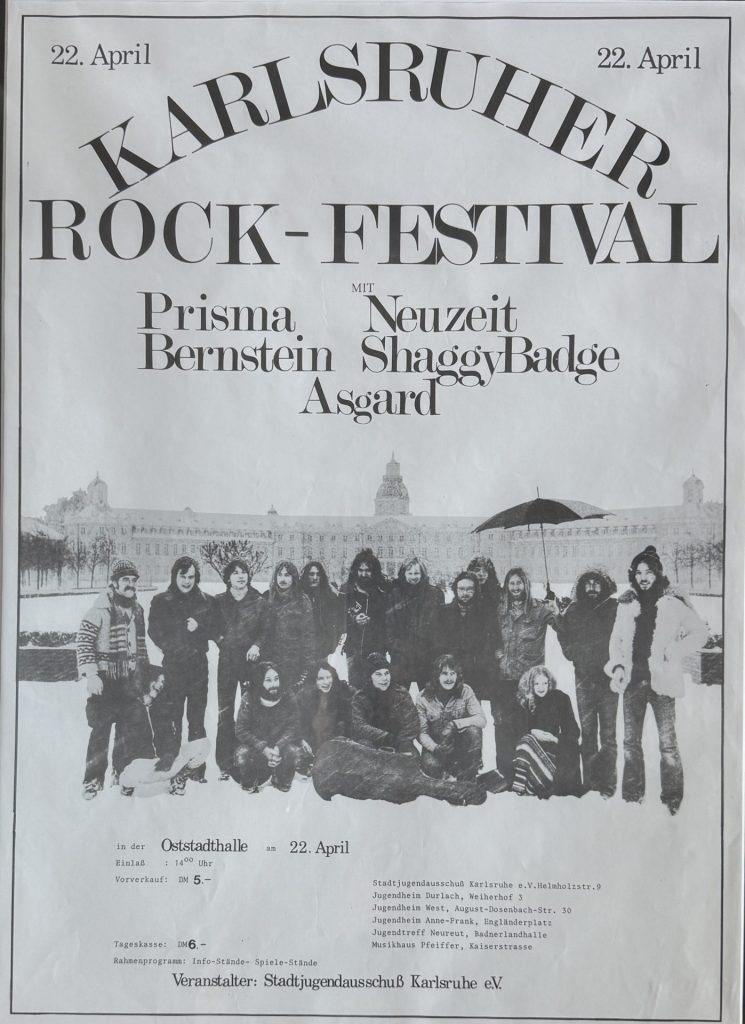 Karlsruher Rock-Festival, Prisma, Neuzeit, Bernstein, Shaggy Badge, Asgard - veranstaltet von dem Stadtjugendausschuss 22 April 197?