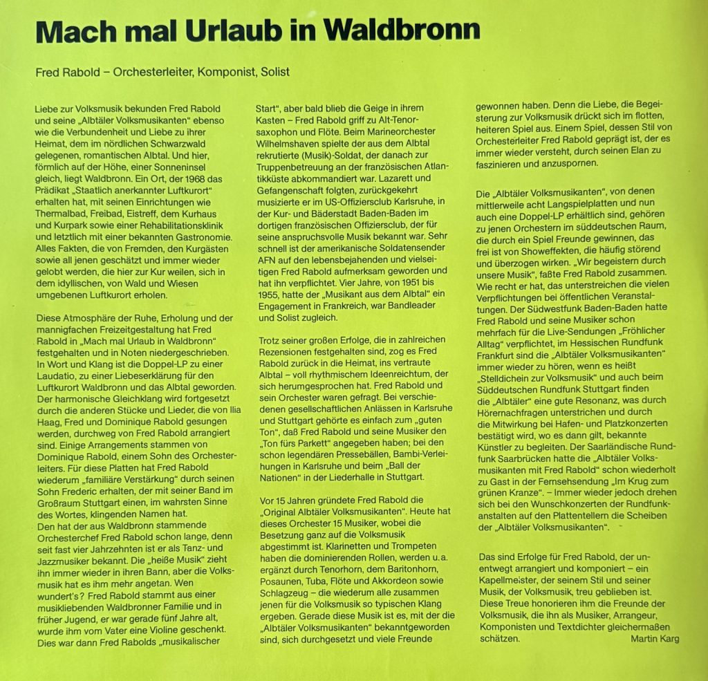 "Mach mal Urlaub in Waldbronn" - Fred Rabold und seine Original Albtäler