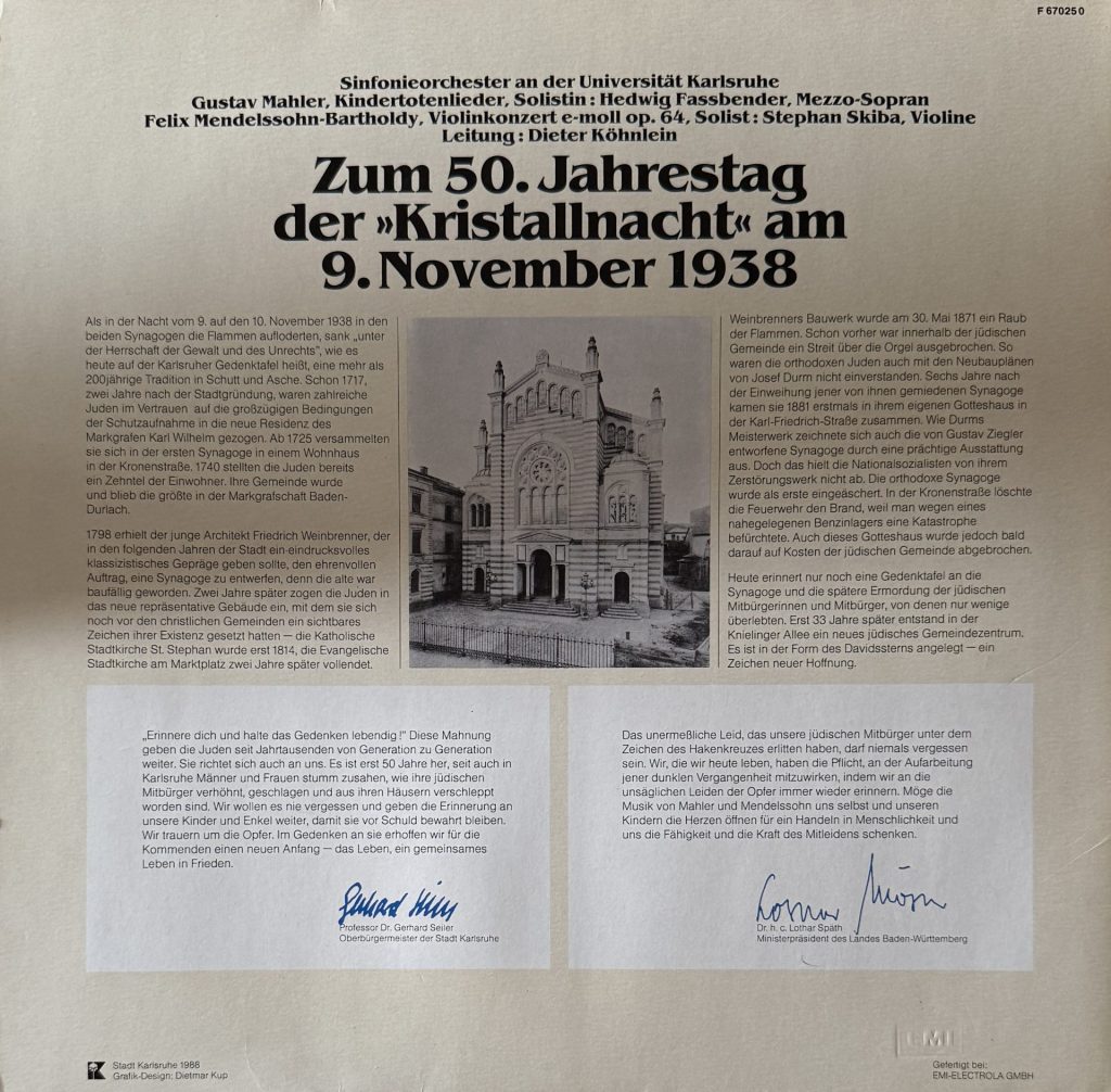 Sinfonieorchester an der Universität Karlsruhe 1988 Leitung: Dieter Köhnlein - Mahler: Kindertotenlieder /Mendelsohn: Violinkonzert e-Moll, op.64