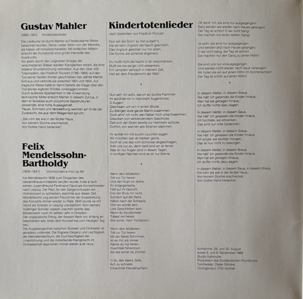 Sinfonieorchester an der Universität Karlsruhe 1988 Leitung: Dieter Köhnlein - Mahler: Kindertotenlieder /Mendelsohn: Violinkonzert e-Moll, op.64