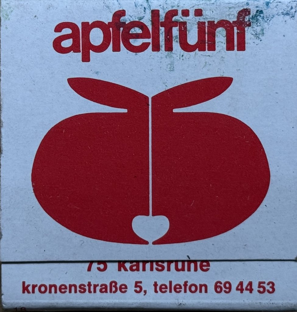 Apfel Fünf, Streichholzheftchen, Kronenstraße 5, Karlsruhe