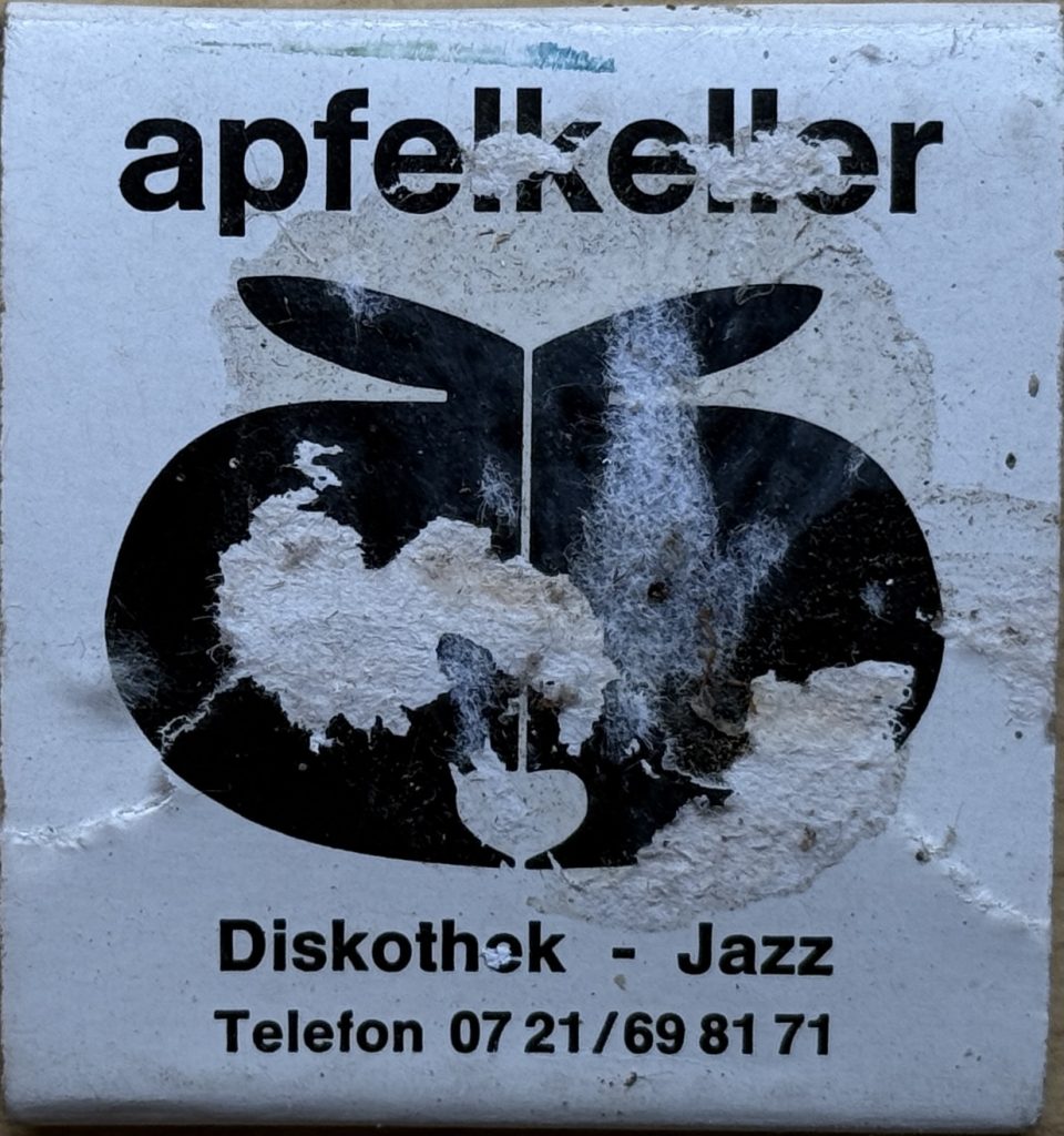 Apfel 5, Streichholzheft, Kronenstraße 5, Karlsruhe- RÜckseite, Apfelkeller Diskothek - Jazz