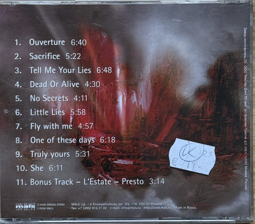 Dorian Opera - No Secrets CD Rückseite mit Tracklisting