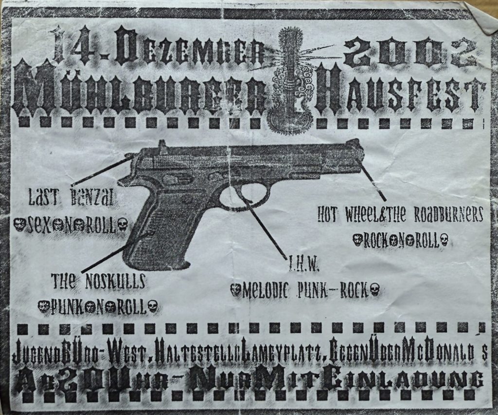 Mühlburger Hausfest, am 14 Dezember 2002 im Jugendbüro West (Haltestelle Lameyplatz, gegenüber McDonalds) mit Last Banzai, Hot Wheel & the Roadburners, The Noskulls, I.H.W. (Flyer)