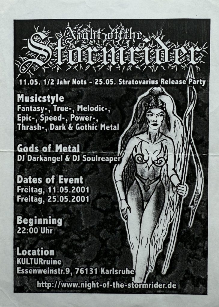 KULTURuine, Night of the Stormrider, mit Gods of Metal (DJ Darkangle & DJ Soulreaper) am 11.05.2001 und 25.05.2001 in der Essenweinstraße 9, 76131 Karlsruhe (Flyer)