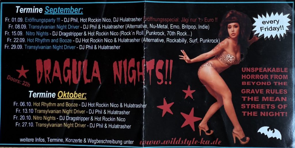 Wildstyle Karlsruhe, Hirschstraße 5, Dracula Nights mit DJ Dragstripper, Hot Rockin' Nico, DJ Hulatrasher, DJ Phil (every Friday) Rückseite mit Termine