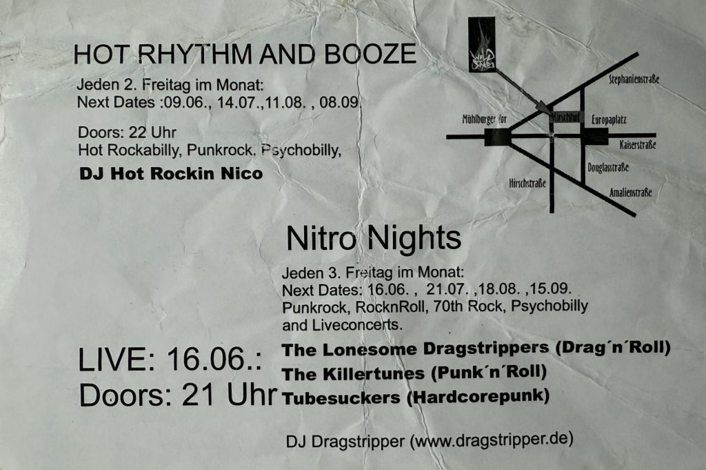 Wildstyle Karlsruhe, Hirschstraße 5, Hot Rhythm and Booze, Jeden 2. und 3. Freitag im Monat (Rockabilly, Punkrock, Surf, Punk N Roll and more)-Rückseite