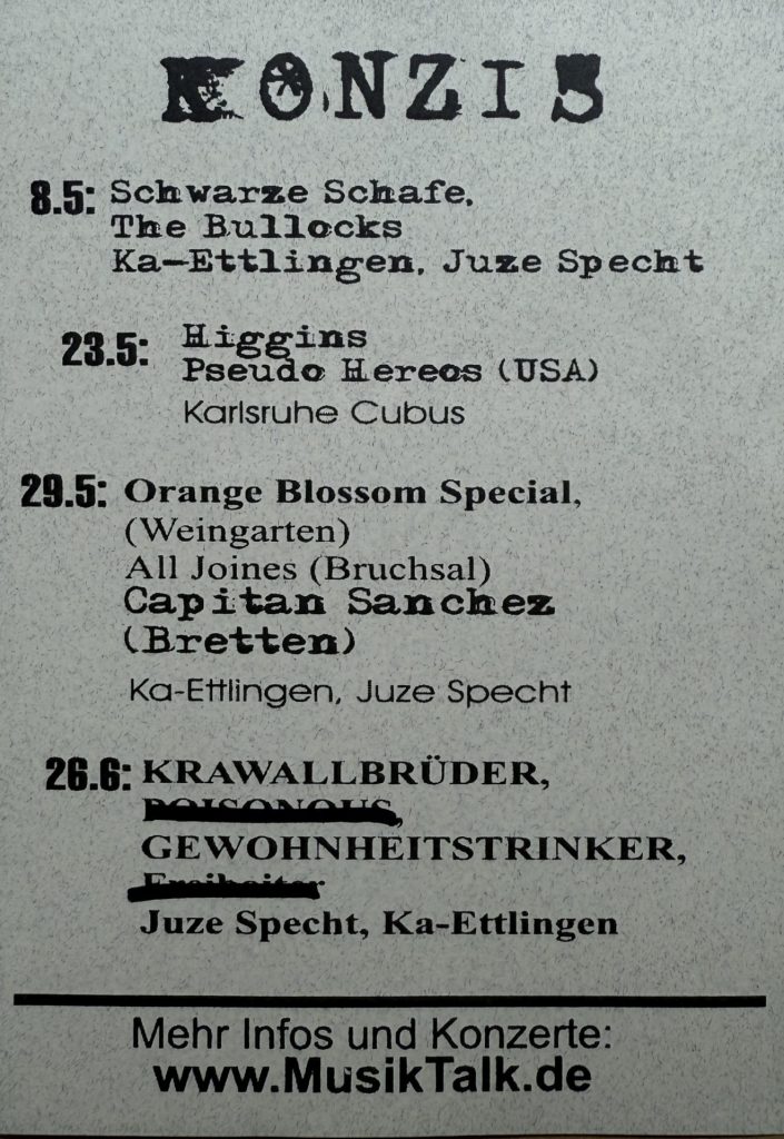 Jugendzentrum Specht, Karlsruhe-Ettlingen 26.06.2004 Rohrackerweg 24 Konzert mit KrawallBrüder, Gewohnheitstrinker, USK, Schwarze Schafe, The Bullock, Higgins, Pseudo Heroes, Orange Blossom Special, Captain Sanchez - Rückseite