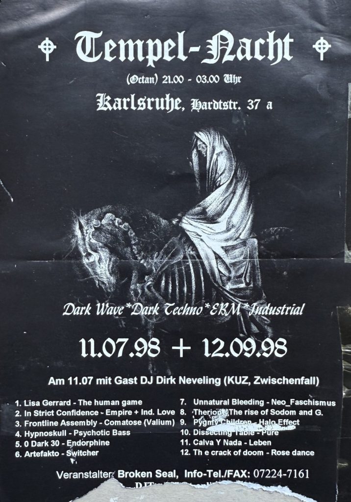 Tempel, Hardstraße 27a. Tempel-Nacht 11.07.1998 und 12.07.1998 mit DJ Dirk Neveling ( KUZ, Zwischenfall)