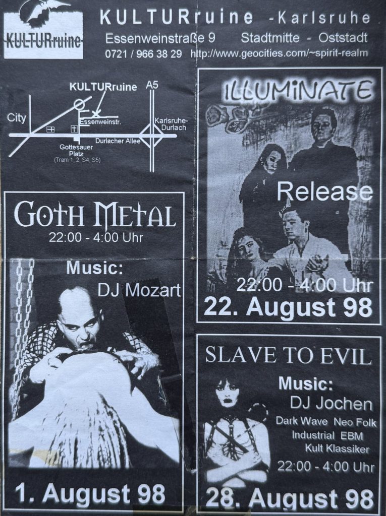 Kulturuine Karlsruhe , Essenweinstraße 9 August 1998 , Ankündigung von DJ Abenden mit DJ Mozart und DJ Jochen, sowie Konzert mit Illuminate