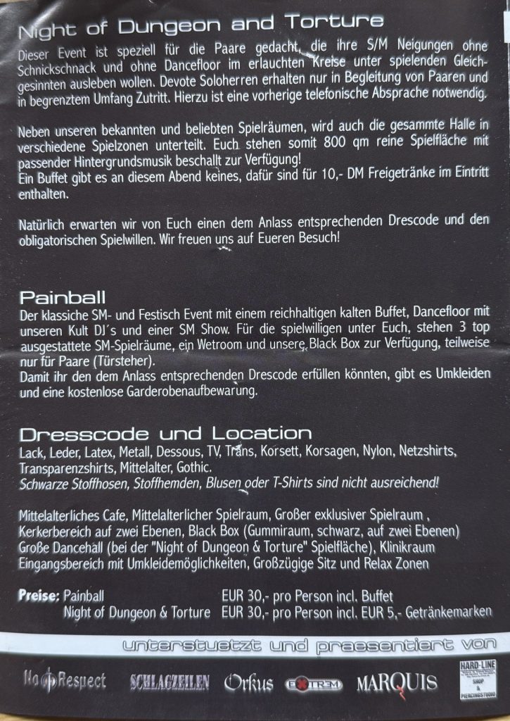 Kulturuine, Karlsruhe, Exotische Events von Januar bis Juli 2001, Painball und The Night of Dungeon & Torture (Klappseite 2)