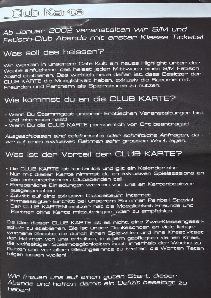 Kulturuine, Karlsruhe, Exotische Events von Januar bis Juli 2001, Painball und The Night of Dungeon & Torture (Klappseite 3)
