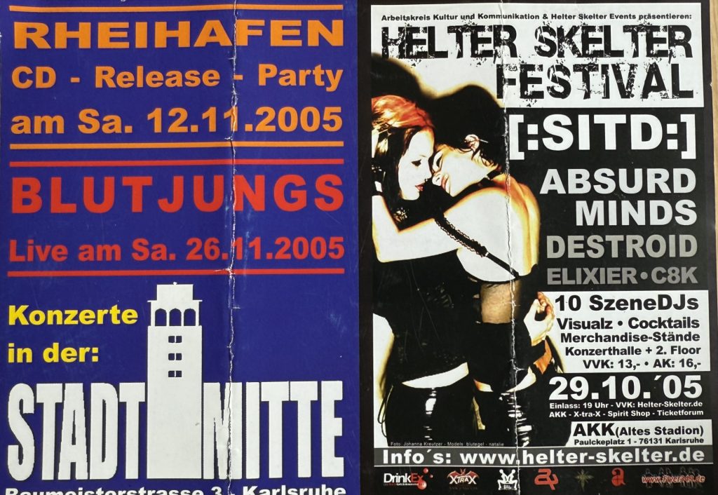 K5 , Kronenstraße 5, 76133 Karlsruhe (Rückseite mit : Rheihafen, Blutjungs in der Stadtmitte, und Helter Skelter Festival im AKK mit Absurd minds, Destroid, Elixier und C8K)
