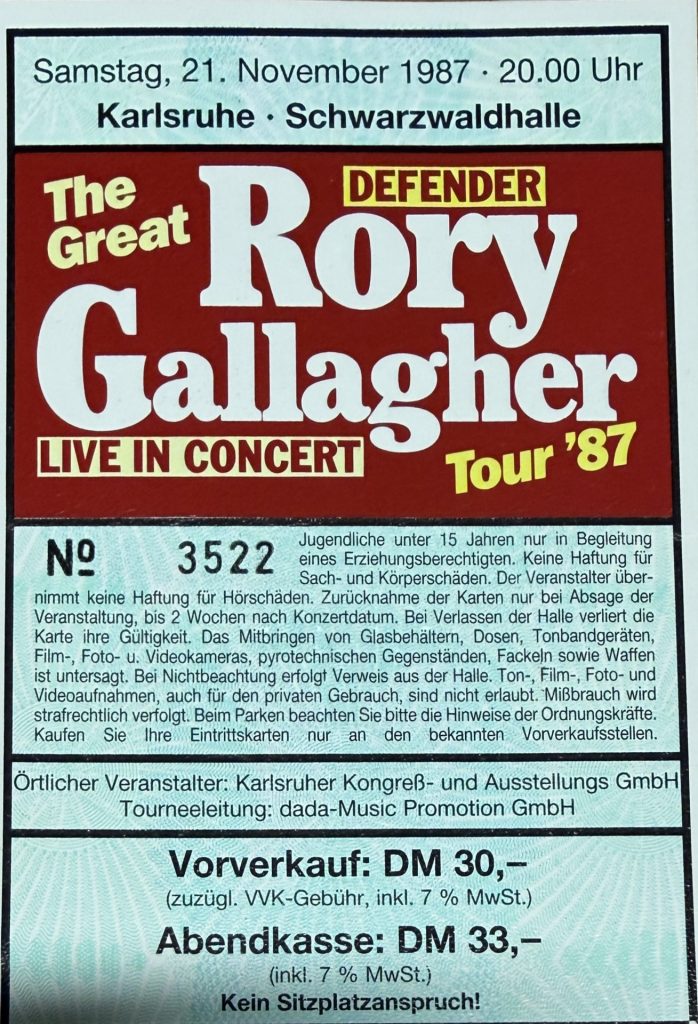 Rory Gallagher am 21 November 1987  in der Karlsruher Schwarzwaldhalle