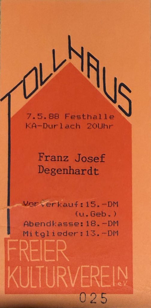 Franz Josef Degenhardt in der Festhalle Durlach am 07.05.1988 29Uhr (Veranstalter: Tollhaus - Freier Kulturverein)