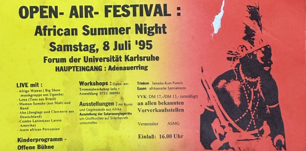 Open-Air-Festival: African Summer Night, Samstag, 8 Juli 1995 - Forum der Universität Karlsruhe - Haupteingang: Adenauerring (mit Afrigo Wawes, Lena, Maman Samake, Aha, Combo Latino, Azeto african (Veranstalter: ASMG)