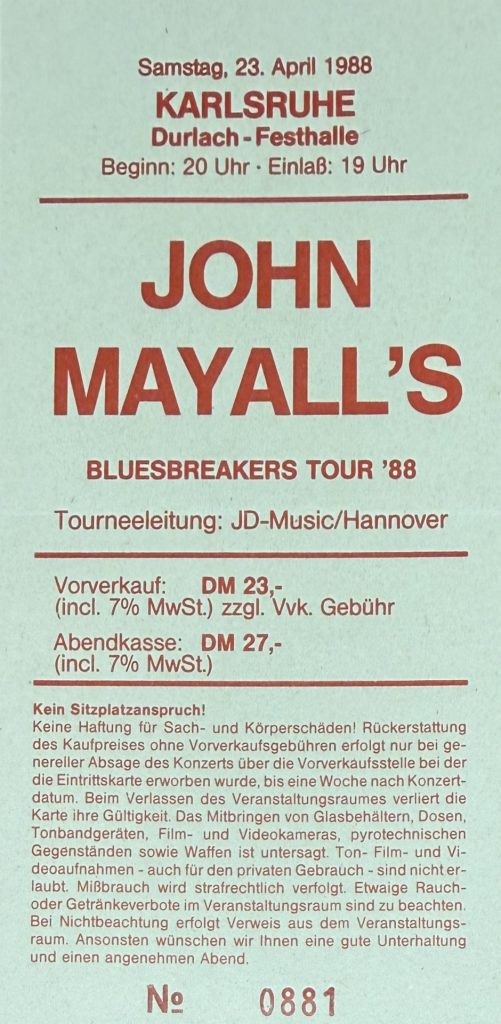 John Mayall's Bluesbreaker Tour '88 in Karlsruhe in der Durlacher Festhalle am 23. April 1988 um 20:00