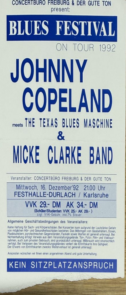 Johnny Copeland meets the Texas Blues Machine & Micke Clarke Band am 16 Dezember 1992 um 21 Uhr in der Festhalle Durlach Karlsruhe