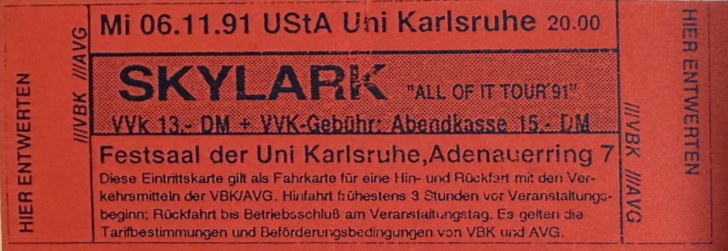 Skylark "All of it Tour'91" Festsaal der Uni Karlsruhe Mi 06.11.1991