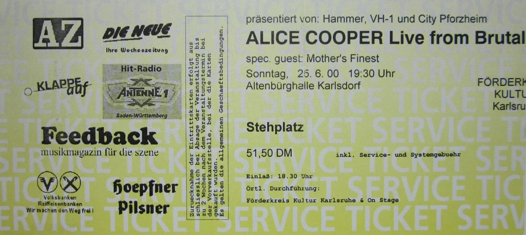 Alice Cooper with special guest Mother's Finest am Sonntag 25.6.200 um 19:30 in der Altenbürghalle Karlsdorf ( Scan von Werner Kühn - Koditek)