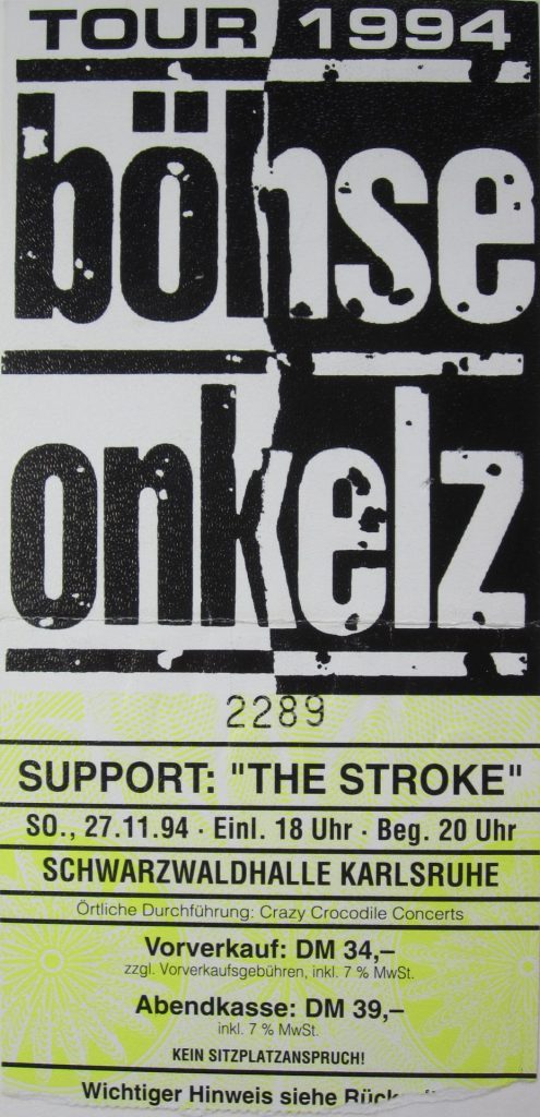 Böhse Onkelz Tour 1994 in der Schwarzwaldhalle Karlsruhe am 27.11.1994 um 20:00 Uhr ( Scan von Werner Kühn - Koditek)