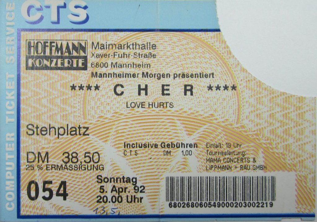 Cher in der Maimarkthalle in der Xaver-Fuhr-Straße in 6800 Mannheim am 5 April 1992 um 20:00 Uhr Return to Forever featuring Chick Corea in der Stuttgarter Liederhalle im Beethovensaal am 18 März 1976 um 20 Uhr ( Scan von Werner Kühn - Koditek)