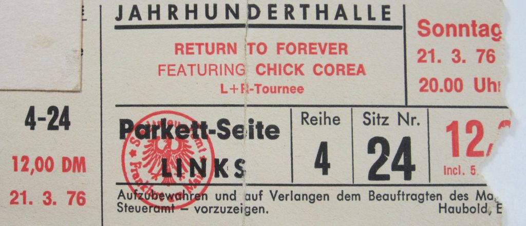 Return to Forever featuring Chick Corea am Sonntag, den 21.03.1976 in der Jahrhunderthalle Frankfurt ( Scan von Werner Kühn - Koditek)
