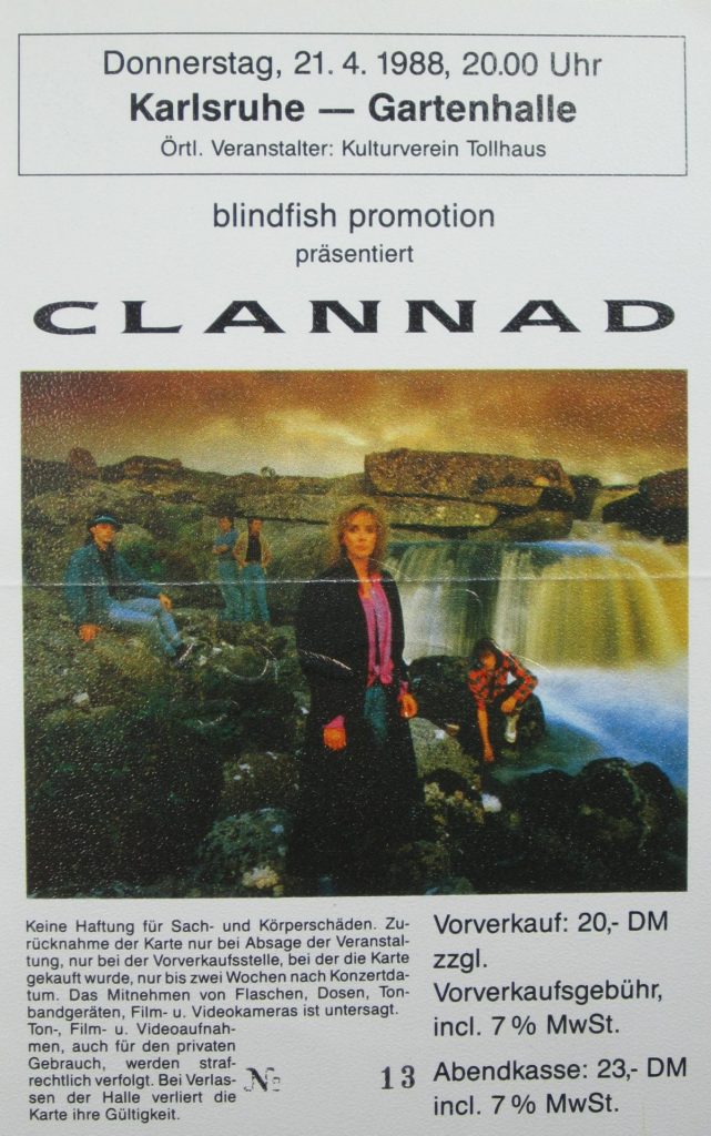 Clannad am Donnerstag, den 21.04.1988 in der Karlsruher Gartenhalle um 20:00 Uhr ( Scan von Werner Kühn - Koditek)