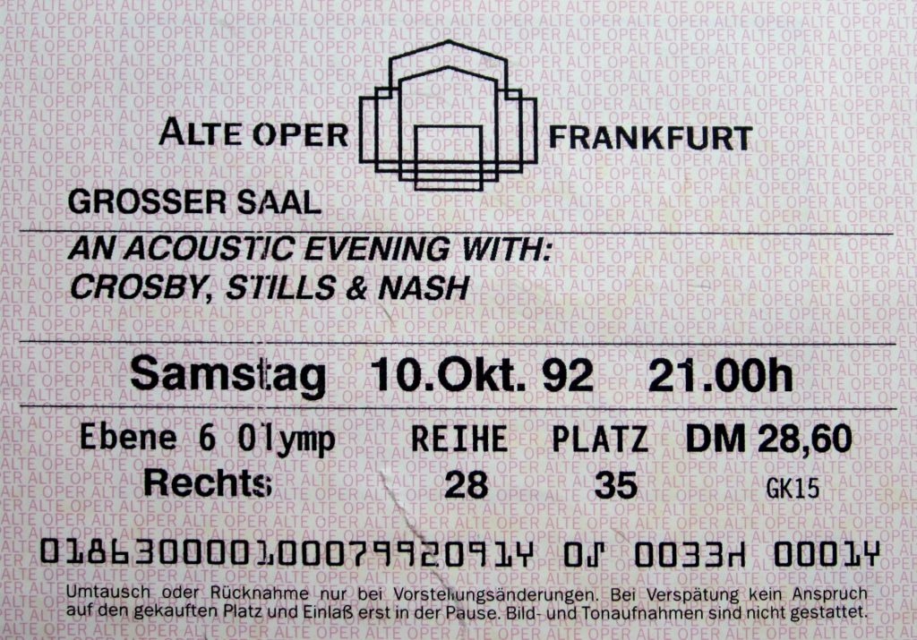 An Acoustic Evening with Crosby, Stills & Nash in der Alten Oper Frankfurt im Großen Saal am Samstag, dem 10 Oktober 1992 um 21:00 Uhr (Scan von Werner Kühn - Koditek)