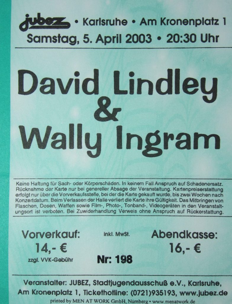 David Lindley & Wally Ingram im Karlsruher Jubez am 5. April 2003 um 20:30 Uhr (Scan von Werner Kühn - Koditek)