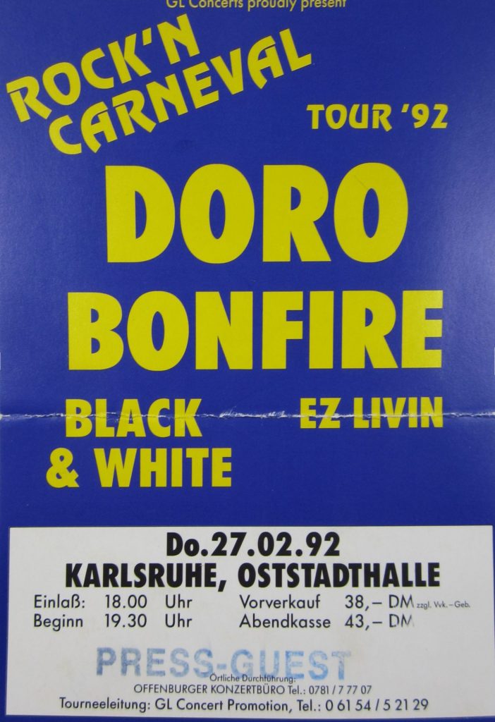 Rock'n Karneval Tour 92 - Doro - Bonfire - Black & White - Ez Livin am 27.02.92 in Karlsruhe in der Oststadthalle (Scan von Werner Kühn - Koditek)