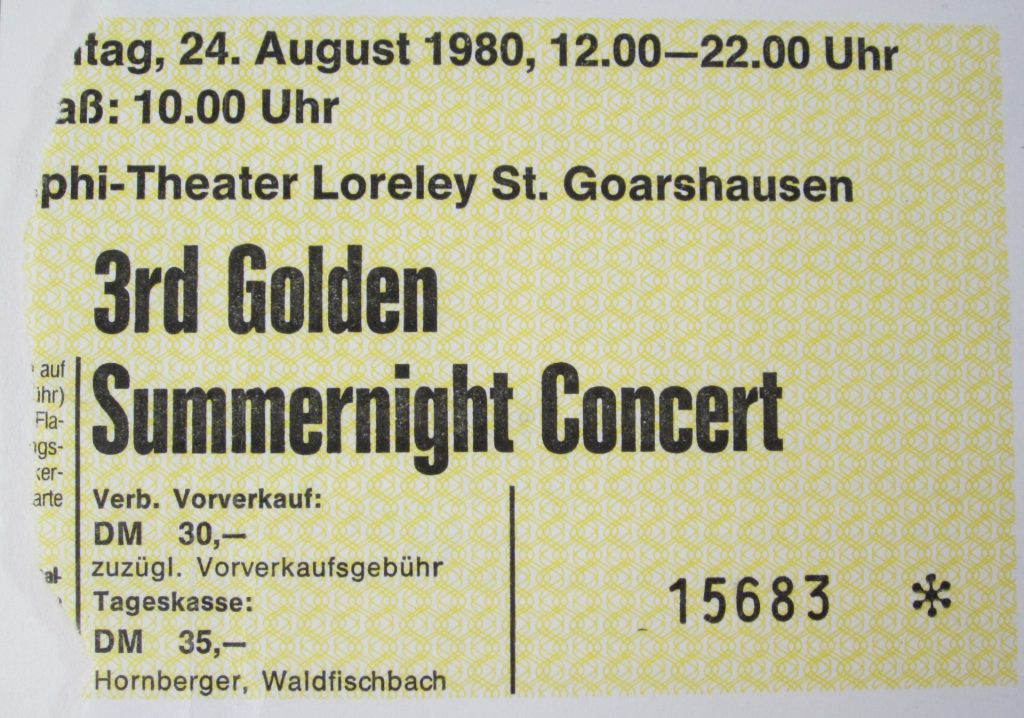 3rd Golden Summernight Concert (mit Molly Hatchet, Saxon, Johnny Winter, Ian Gillian, Wishbone Ash, Ted Nugent, Pat Travers) am 24.August 1980 von 12:00-22:00 im Theater Loreley St. Goarshausen (Scan von Werner Kühn - Koditek)