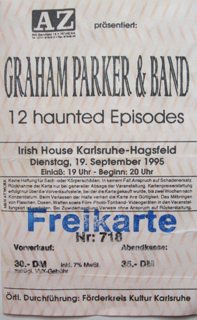 Graham Parker & Band "12 Haunted Episodes" im Irish House in Karlsruhe-Hagsfeld am 19 September 1995 um 20:00 Uhr (Scan von Werner Kühn - Koditek)