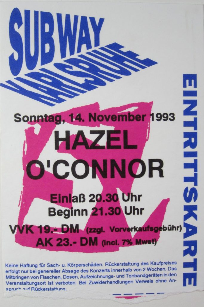 Hazel O'Connor am 14 November 1993 im Subway Karlsruhe (Scan von Werner Kühn - Koditek)