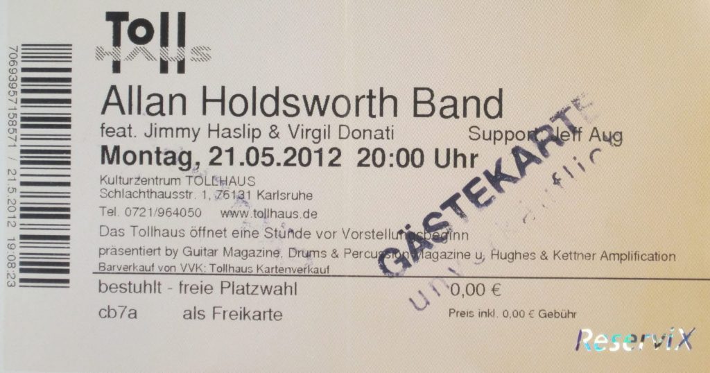 Allan Holdsworth Band feat. Jimmy Haslip & Virgil Donati am Montag, dem 21.05.2012 um 20:00 im Tollhaus (Scan von Werner Kühn - Koditek)