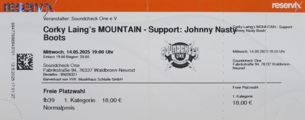Corky Laing's MOUNTAIN - Support Nasty Boots am 14.05.2025 im Soundchek One in der Fabrikstraße 94, 76337 Waldbronn-Neurod (Scan von Werner Kühn - Koditek)