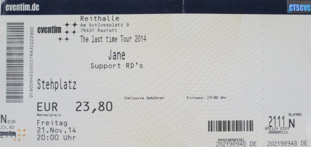 Jane - the last time tour 2014 - Support RD's am Freitag den 21 November 2014 um 20:00 in der Reithalle Rastatt (Scan von Werner Kühn - Koditek)