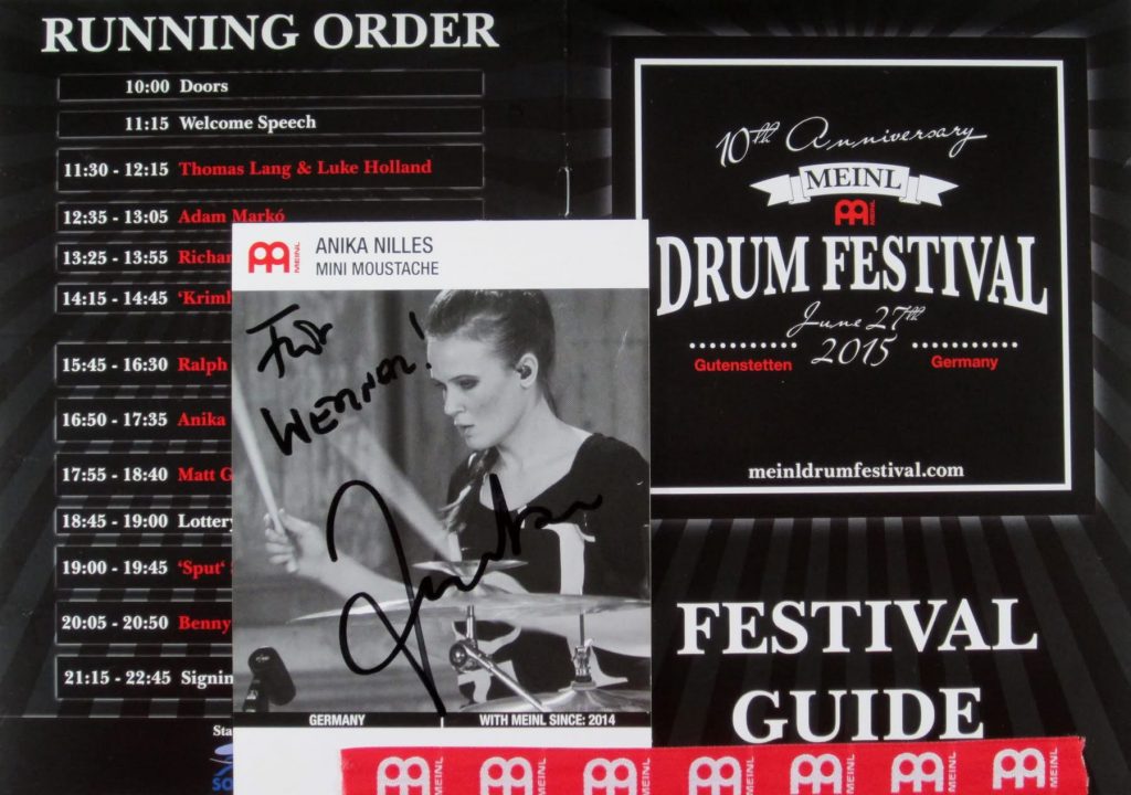 Meinl Drum Festival am 27 Juni 2015 in Roland Meinl Musikinstrumente GmbH & Co. KG, Musik-Meinl-Straße 1, 91468 Gutenstetten (mit Autogrammkarte von Anika Nilles ) (Scan von Werner Kühn - Koditek)