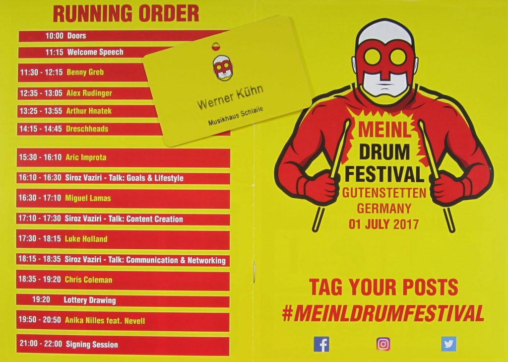 Meinl Drum Festival mit Benny Greb, Alex Rudinger, Arthur Hnatek, Dreschheads, Aric Improta, Siroz Vaziri,Miguel Lamas, Luke Holland, Chris Coleman, Anika Niles feat. Nevell am 1 Juli 2017 im Roland Meinl Musikinstrumente GmbH & Co. KG, Musik-Meinl-Straße 1, 91468 Gutenstetten (Scan von Werner Kühn - Koditek)