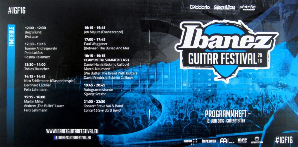 Ibanez Guitar Festival 18.Juni 2016 in Gutenstetten,Roland Meinl Musikinstrumente GmbH & Co. KG, Musik-Meinl-Straße 1, 91468 Gutenstetten (Scan von Werner Kühn - Koditek) mit Tommy Andrzejewski, Peta Lukács, Kosma Kalamarz, Tobias Rauscher, Nico Schliemann, Bernhard Lackner, Felix Lehrmann, Martin Miller, Andrew "The Bullet"Lauer, Felix Lehrmann, Jen Majura, Paul Waggoner, Daniel Hains , Marcel Neumann, David Friedrich, Konzert: Steve Van & Band (Scan von Werner Kühn - Koditek)