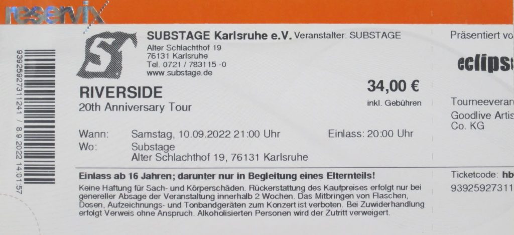 Riverside - 20th Anniversary Tour am Samstag, den 10.09.2022 um 21 Uhr im Substage Karlsruhe (Scan von Werner Kühn - Koditek)