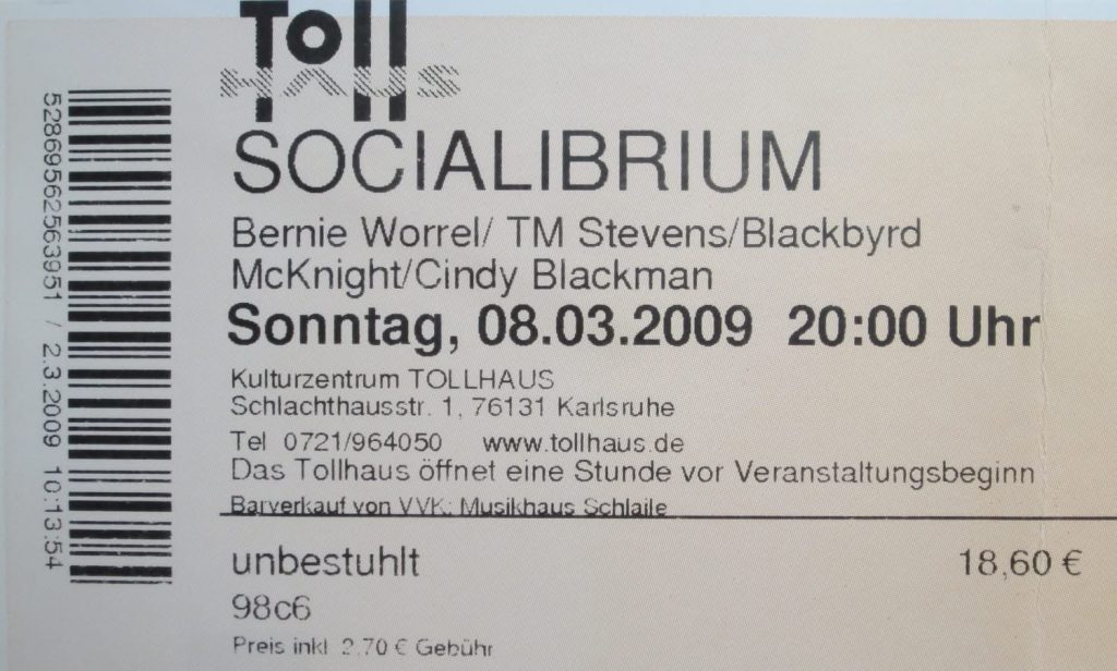 Socialibrium: Bernie Worrel / TM Stevens /Blackbyrd McKnight / Cindy Blackman am Sonntag, dem 08.03.2009 um 20:00 im Tollhaus (Scan von Werner Kühn - Koditek)
