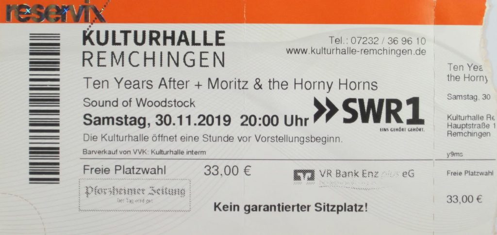 Ten Years After + Moritz & the Horny Horns - Sound of Woodstock am Samstag, den 30.11.2019 in der Kulturhalle Remchingen um 20:00 (Scan von Werner Kühn - Koditek)