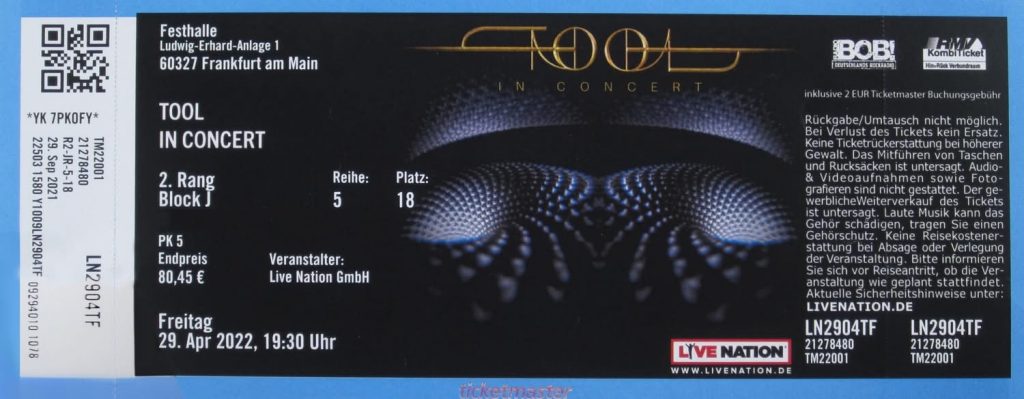 Tool in der Festhalle Frankfurt -Ludwig-Erhard-Anlage 1 in 60327 Frankfurt am Main am 29 April 2022 um 19:30 (Scan von Werner Kühn - Koditek)