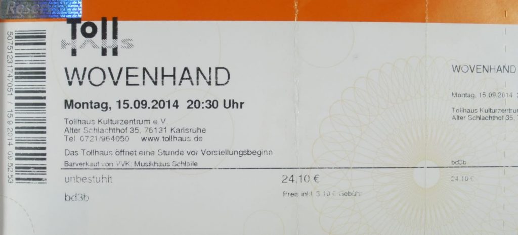 Wovenhand am Montag, den 15.09.2014 um 20:30 Uhr im Kulturzentrum Tollhaus in Karlsruhe (Scan von Werner Kühn - Koditek)