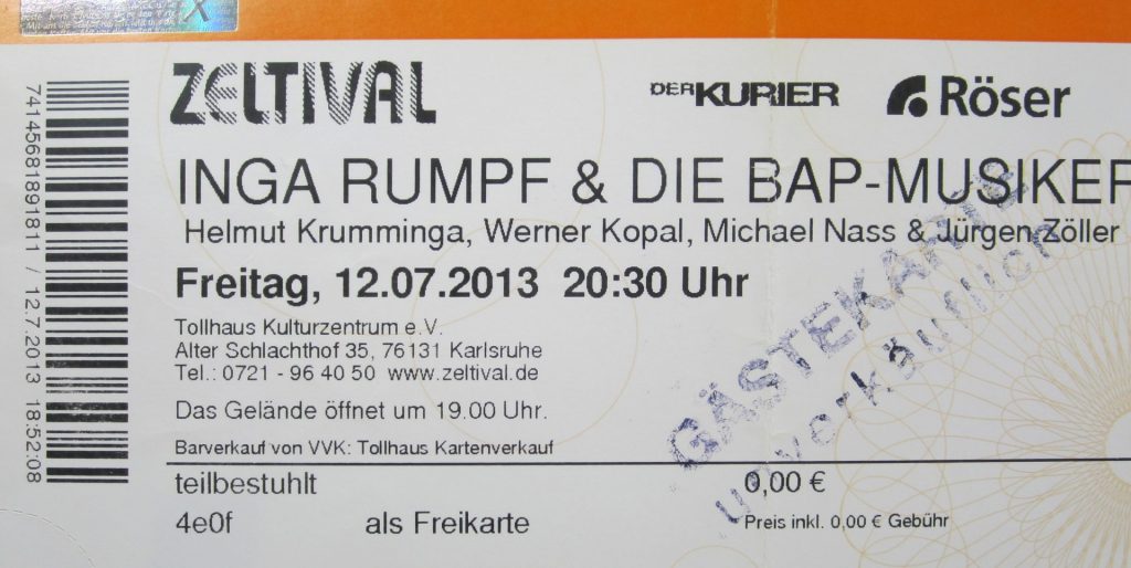 Inga Rumpf & Die BAP-Musiker (Helmut Kumminga, Werner Kopal, Michael Nass & Jürgen Zöller) im Zeltival (Tollhaus) am Freitag, den 12.07.2013 um 20:30 Uhr (Scan von Werner Kühn - Koditek)