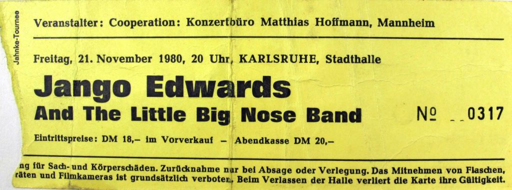 Jango Edwards and the little big nose Band am Freitag, den 21 November 1980 um 20:00 Uhr in der Stadthalle, Karlsruhe (Scan von Werner Kühn - Koditek)