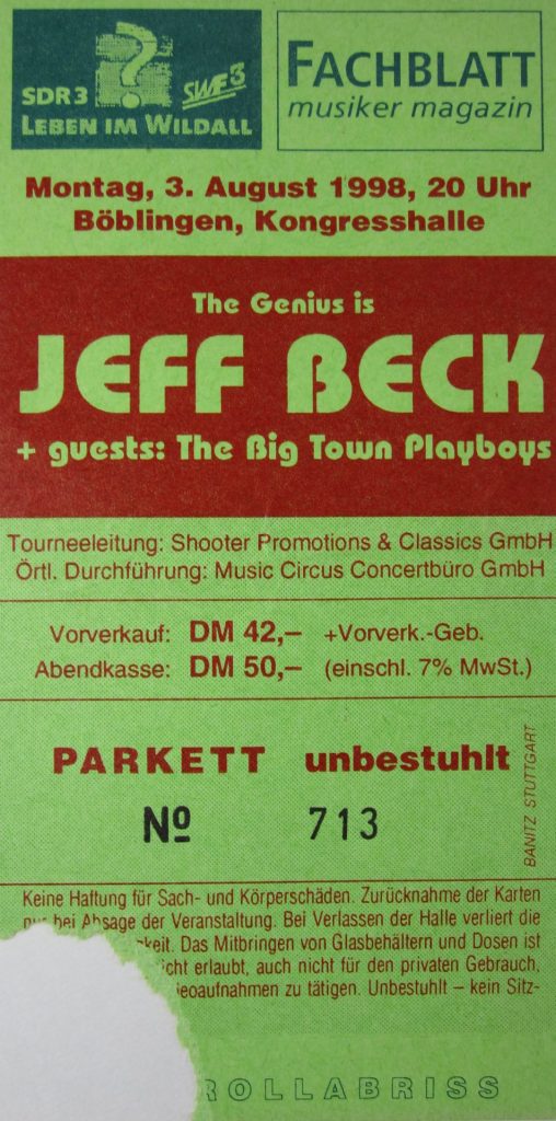 Jeff Beck - The Genius is Jeff Beck + Guests: The Big Town Playboys am 3 August 1998 in Böblingen in der Kongresshalle (Scan von Werner Kühn - Koditek)
