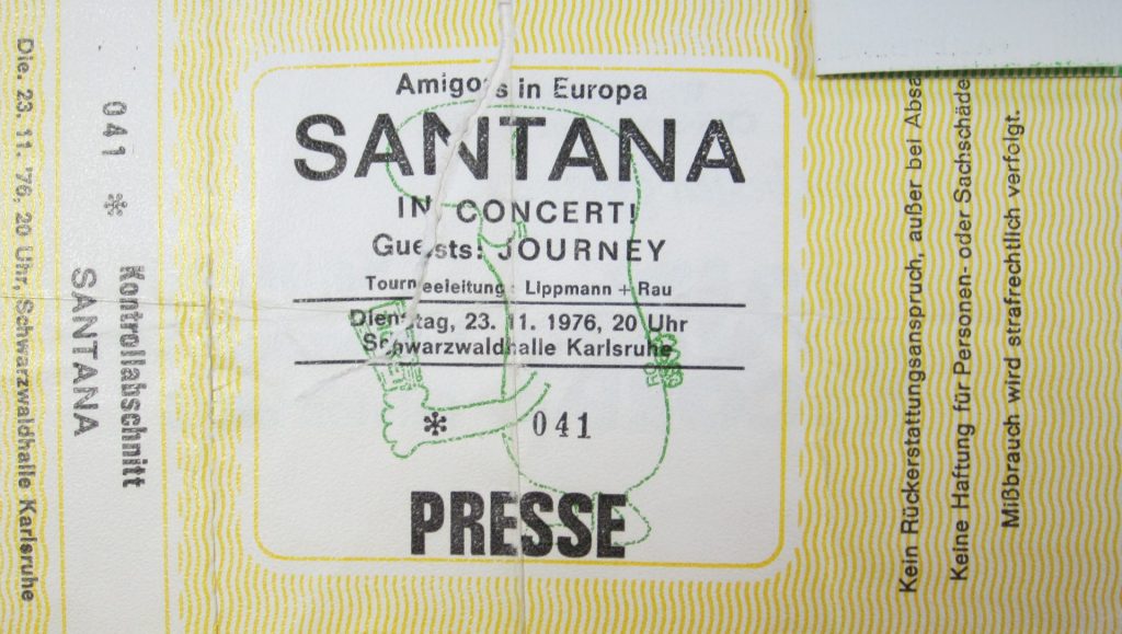 Santana in Concert "Amigos in Europa" am 23.11.1976 um 20:00 in der Schwarzwaldhalle Karlsruhe - Pressekarte -(Scan von Werner Kühn - Koditek)