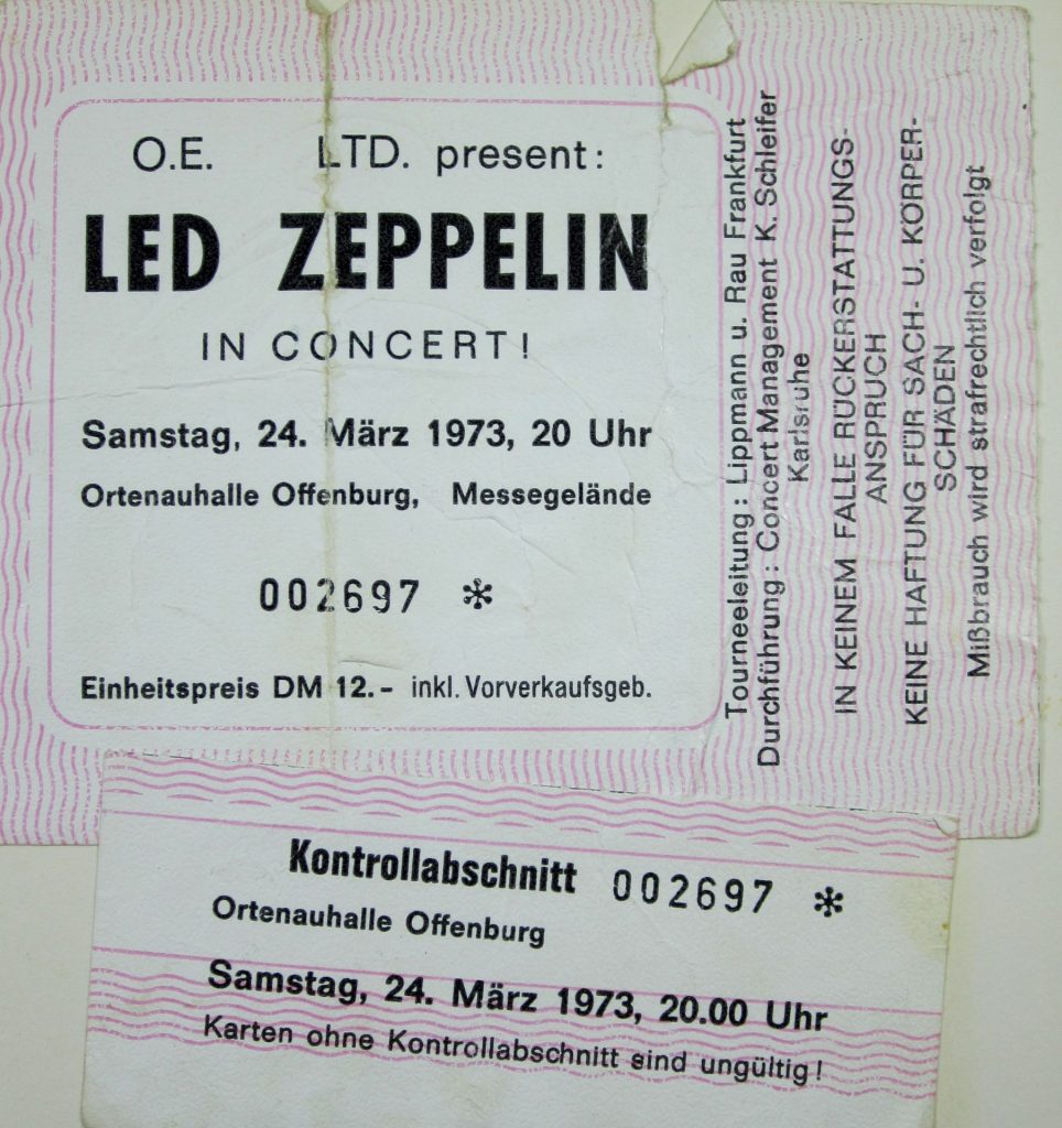Led Zeppelin in Concert am 24 März 1972 um 20:00 in der Ortenauhalle, Offenburg Messegelände (Scan von Werner Kühn - Koditek)